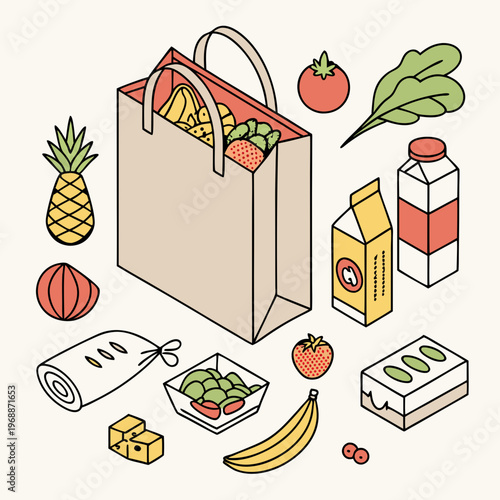 Assorted groceries in isometric vector illustration style on a light background, concept of shopping and food items. Set of isometric vector illustrations isolated on white .