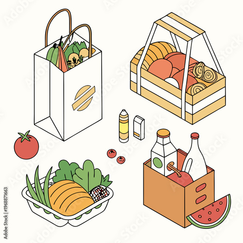 Assorted groceries in isometric vector illustration style on a light background, concept of shopping and food items. Set of isometric vector illustrations isolated on white .