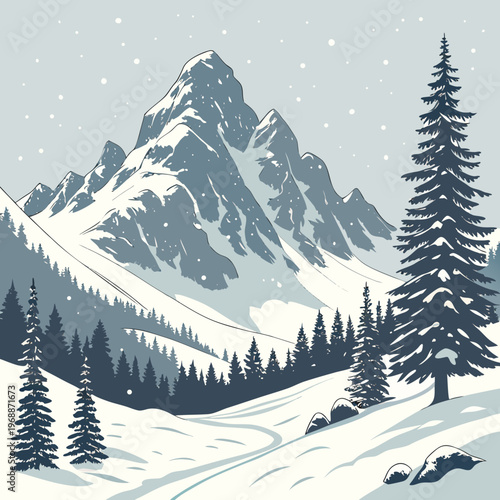 Beautiful winter landscape. Natural scenery with snow capped mountains, rocks, spruce forest and hills with snowdrifts. Wild panorama in cold weather season. Cartoon flat vector .