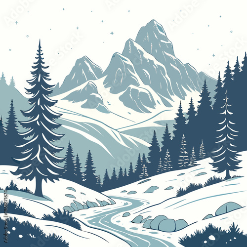 Beautiful winter landscape. Natural scenery with snow capped mountains, rocks, spruce forest and hills with snowdrifts. Wild panorama in cold weather season. Cartoon flat vector .