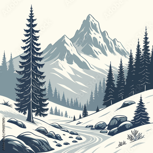 Beautiful winter landscape. Natural scenery with snow capped mountains, rocks, spruce forest and hills with snowdrifts. Wild panorama in cold weather season. Cartoon flat vector .