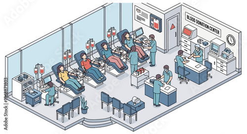Blood Donation Center Interior Isometric View with Donors and Staff.