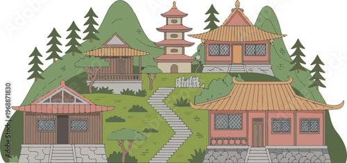 Traditional japanese village with ancient temples and houses. historic asian architecture landscape.