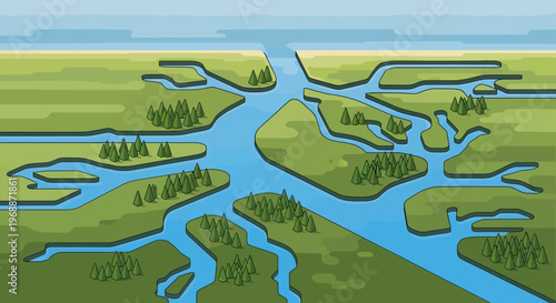 Aerial view of a winding river delta with green marshland and trees.