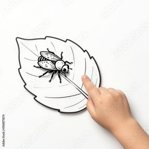 Child pointing at an insect on a leaf, doodle style with clear black outlines on a white background