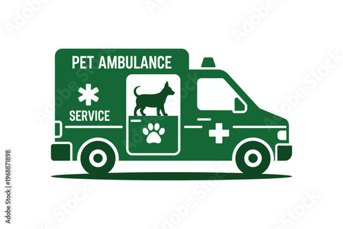 A green pet ambulance with a dog and paw print on the side