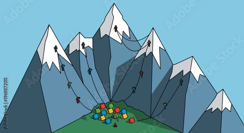 Cartoon Mountains with Skiers and Snowboarders Descending.