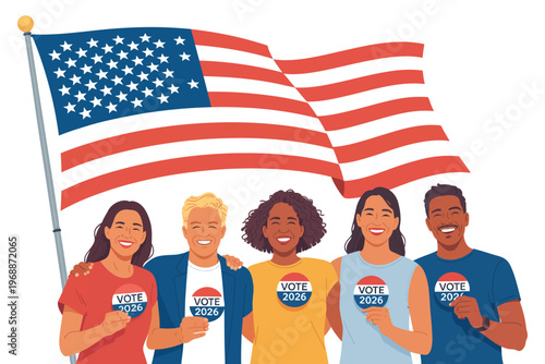 A diverse group of people holding vote 2024 stickers and standing together under the American flag