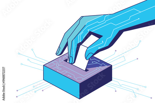A robotic hand casting a vote by inserting a ballot into an electronic voting machine with a futuristic circuit board design