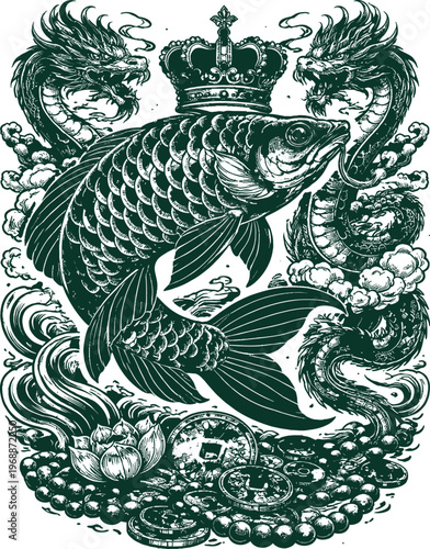 Royal Arowana Dragon Crown Gold Coin Green Art