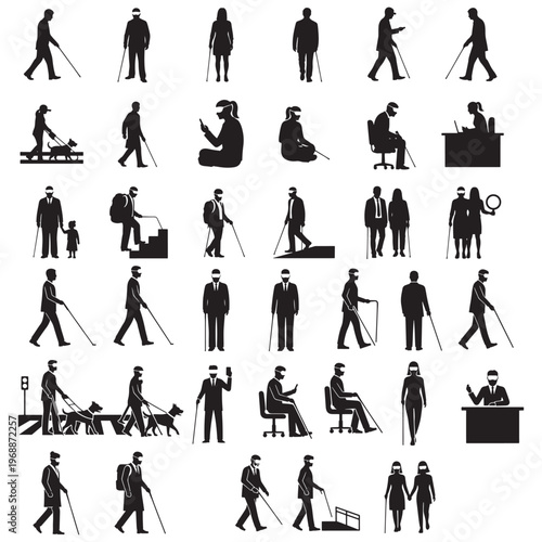 Blind and Visually Impaired Silhouettes Showing Accessibility, Mobility, Guide Dogs and Everyday Activities