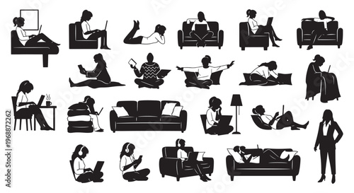 Woman Working from Home Silhouette Collection Remote Lifestyle Vector Set