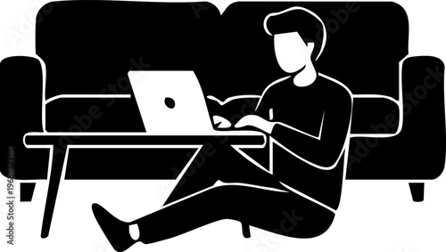 Man working on laptop sitting on floor at home, casual remote work and flexible workspace lifestyle silhouette