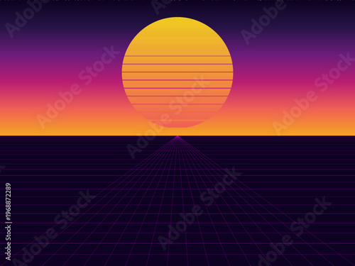 Photography 80s Retrowave Sun Horizon Perspective Grid Poster Art