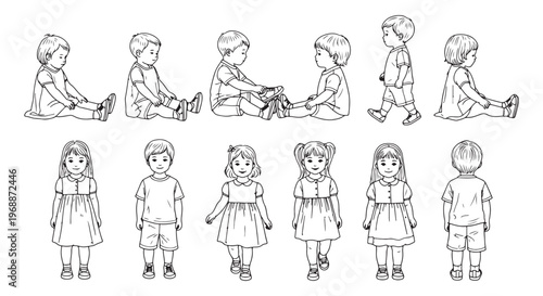 Cute Little Kids Outline Character Set Children Poses Vector Illustration