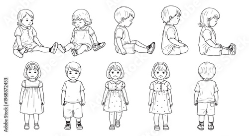 Little Kids Outline Set Cute Children Sitting and Standing Vector Illustration