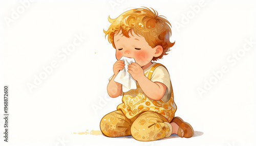 Charming toddler coughing, holding a tissue, in a whimsical style