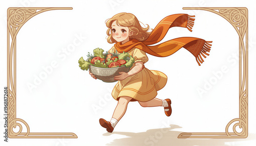 Charming girl running with a bright scarf carrying a salad bowl in a whimsical illustration