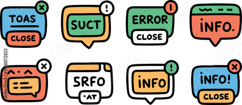 Cute hand drawn notification toast messages and popups with bold outlines and playful cartoon style bubbles.