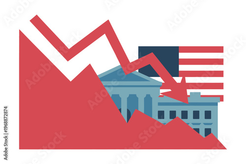 A graphic illustration of a declining graph superimposed over the White House and American flag, symbolizing economic downturn.