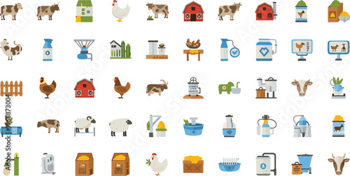 Set of Farm and Livestock Related Icons Featuring Cows, Chickens, Barns, and Farming Equipment for Agricultural Use