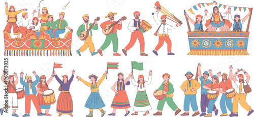 Colorful flat illustration of folk carnival parade with musicians playing drums and dancers in traditional art.