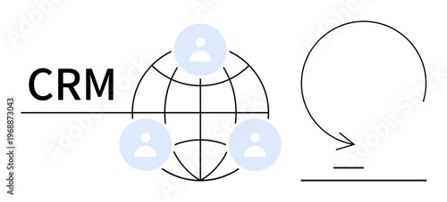 Customer relationship management, teamwork, marketing strategy, client interaction, business processes, organizational tools. A globe with user icons and a process symbol. CRM and teamwork concept