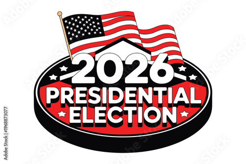 A graphic illustration of the 2026 Presidential Election logo with American flags and stars