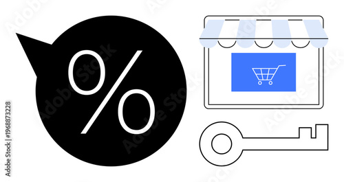 Discounts, online shopping, e-commerce, sales promotions, secure buying, retail marketing. A percentage symbol, storefront icon and a key illustration. Discounts and online shopping concept