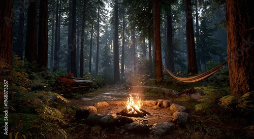 The golden light of a crackling campfire illuminates a dark forest floor surrounded by massive redwood trees and a hammock under a night sky environment