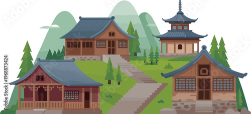 Peaceful traditional japanese village with temples and mountains serene landscape scenic viewpoint pastoral beauty.