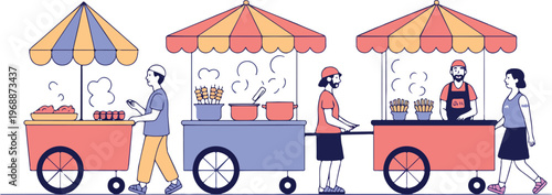 People enjoying various street foods from three colorful vendor carts with awnings at an outdoor market.