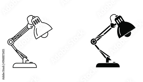 Two vintage adjustable desk lamps in black and white side by side illustration