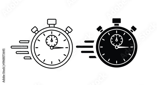 Stopwatch icons, one outlined and one solid black, represent the concept of time passing quickly.