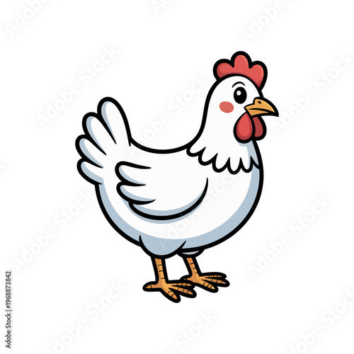A white cartoon chicken stands facing the viewer on a white background.