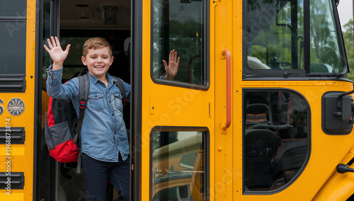Happy young schoolboy with a backpack waving goodbye while standing in the open doorway of a classic yellow school bus on a bright sunny day.