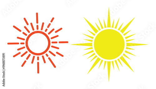 Two stylized sun illustrations one reddish orange and one bright yellow with radiating lines and oval shapes