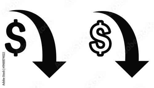 Financial downturn two dollar signs descending with arrows representing economic loss and decreasing value