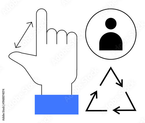 Sustainability, user interaction, communication, recycling, eco-friendly practices, and connection. A hand gesture with arrows, a user icon and a recycling symbol. Sustainability and user