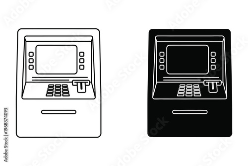 Two atm machines a detailed black and white illustration of banking technology and financial access points