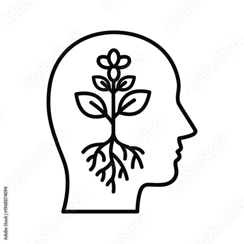 Human head silhouette with a growing plant inside, symbolizing growth and new ideas.