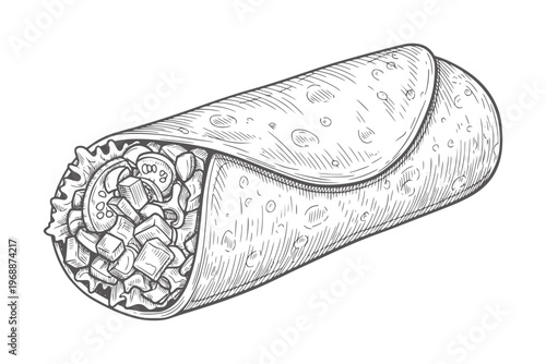 Hand drawn of a filled burrito with visible ingredients food monochrome