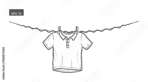 Hand drawn of a polo shirt drying a clothesline t-shirt clothing