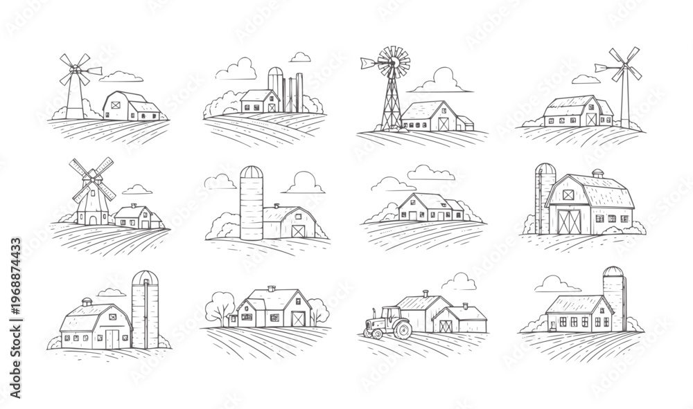 Naklejka premium Set of twelve line farm scenes with barns windmills and silos tractor