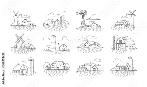 Set of twelve line farm scenes with barns windmills and silos tractor