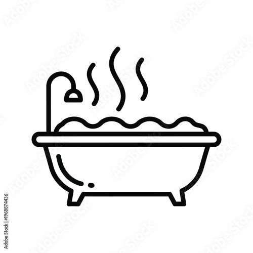 Steaming bathtub icon, line art, symbolizing relaxation, hygiene, and a warm bath experience.