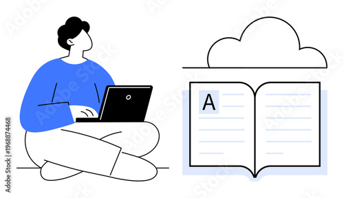 E-learning, online education, digital knowledge, cloud storage, virtual library, remote learning. Person using a laptop with an open book and cloud symbol. E-learning and online education concept