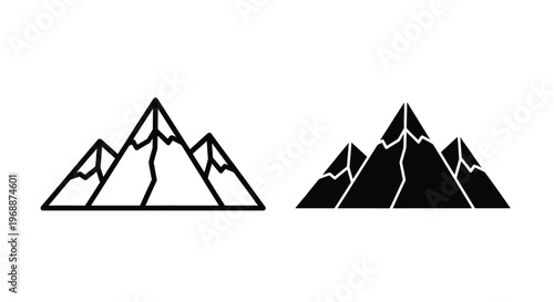Mountain range icons in outline and filled styles represent majestic peaks and challenging ascents on a plain backdrop.