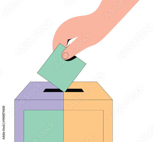 A hand putting a ballot into a colorful voting box during an election