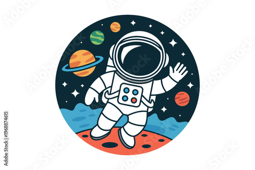 An astronaut in a spacesuit floating in space with planets and stars
